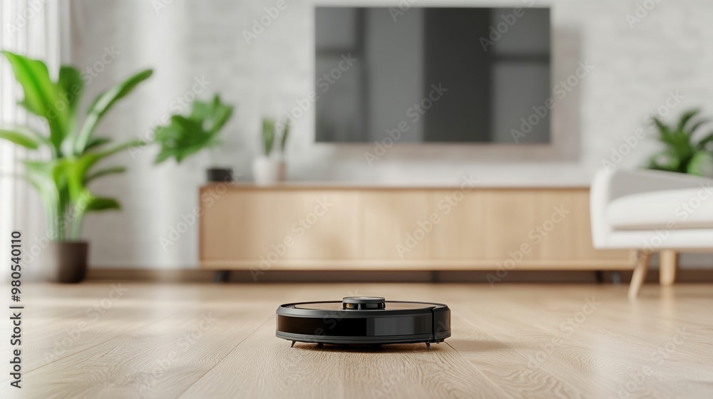Modern robotic vacuum cleaning a stylish living room with plants and a minimalist design, showcasing home automation technology. Modern robotic vacuum cleaning a stylish living room with plants and a minimalist design, showcasing home automation technology.