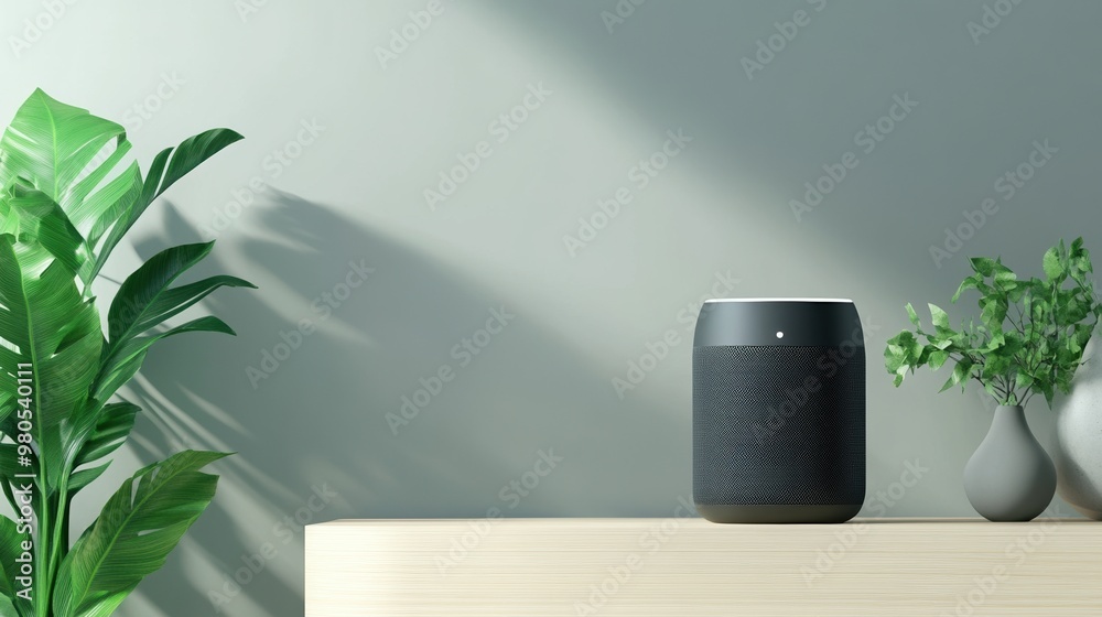 Modern speaker on a wooden table with plants, showcasing sleek design and home decor aesthetics in a stylish interior setting. Modern speaker on a wooden table with plants, showcasing sleek design and home decor aesthetics in a stylish interior setting.