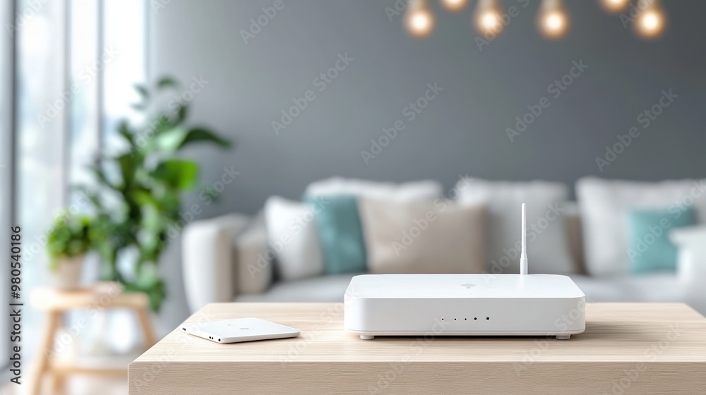 Modern wireless router on a wooden table in a cozy living room, showcasing a blend of technology and home comfort. Modern wireless router on a wooden table in a cozy living room, showcasing a blend of technology and home comfort.