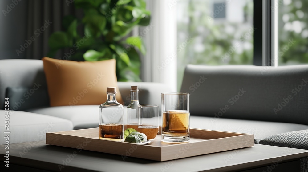 Stylish home decor featuring a tray with whiskey, glass, and greenery, perfect for relaxation and modern living. Stylish home decor featuring a tray with whiskey, glass, and greenery, perfect for relaxation and modern living.