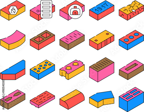 Brick For Building Construction Icons Set Vector. Refractory And Defective Brick, Handmade And Facing Of Building Exterior, Old Damaged Line. Cement And Silicate Material color Contour Illustrations