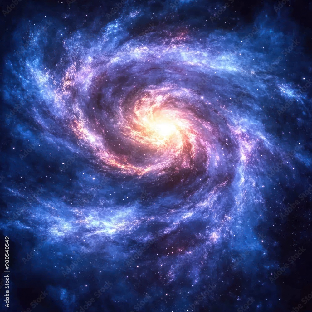A vibrant, swirling spiral galaxy with a bright core and scattered stars.