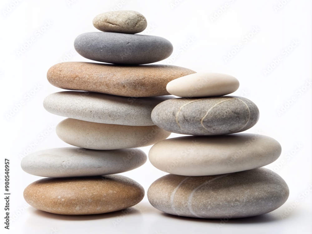 A serene arrangement of weathered stones in varied shapes and sizes stacked neatly on a clean white background, evoking feelings of calmness and simplicity. A serene arrangement of weathered stones in varied shapes and sizes stacked neatly on a clean white background, evoking feelings of calmness and simplicity.