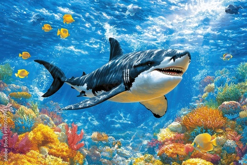 Megalodon shark swimming among tropical fish and coral reef in the deep blue ocean