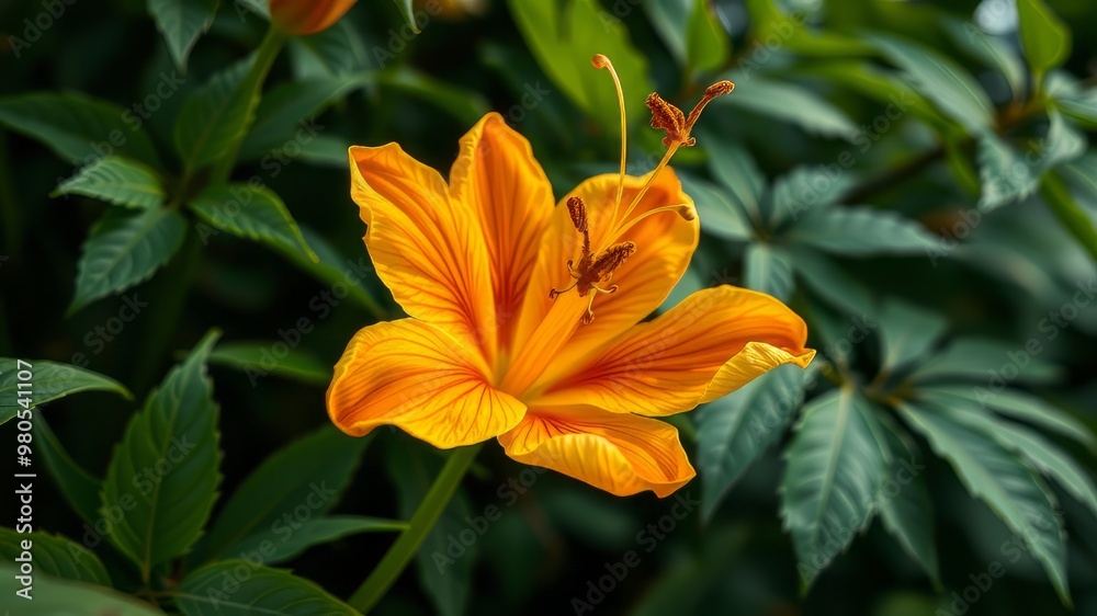 Vibrant orange-yellow flowers bloom from slender stems amidst lush green foliage, their intricate patterns and curled Vibrant orange-yellow flowers bloom from slender stems amidst lush green foliage, their intricate patterns and curled