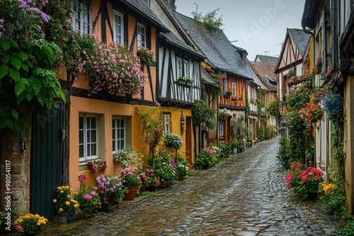 A street with houses on both sides and a cobblestone road