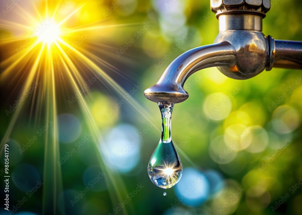 Sparkling water droplet suspended from faucet's edge, glistening with sunlight, against a soft, blurred natural background, evoking serenity and refreshing tranquility.