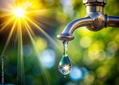 Sparkling water droplet suspended from faucet's edge, glistening with sunlight, against a soft, blurred natural background, evoking serenity and refreshing tranquility. photo