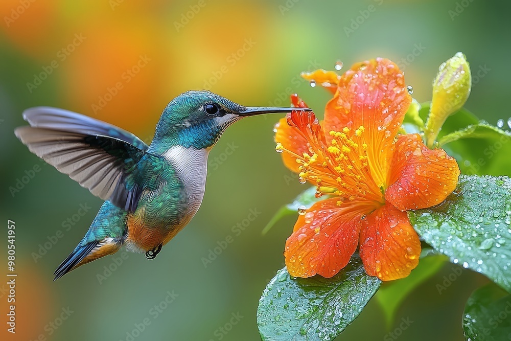 Fototapeta premium Hummingbird Feeding on Orange Flower with Dew Drops