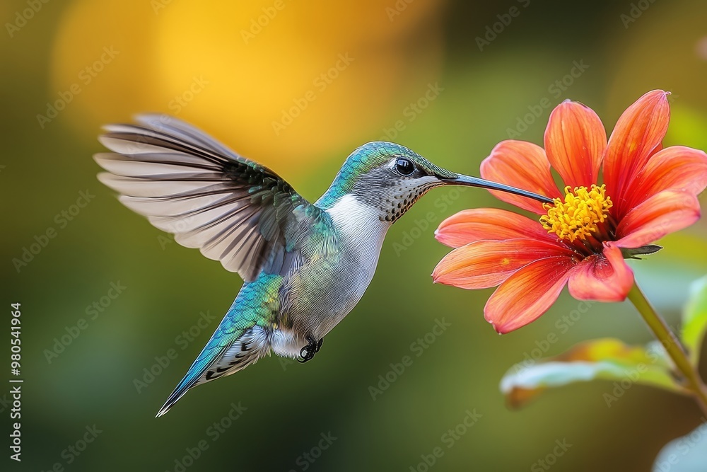 Fototapeta premium Hummingbird Feeding on Flower in Garden