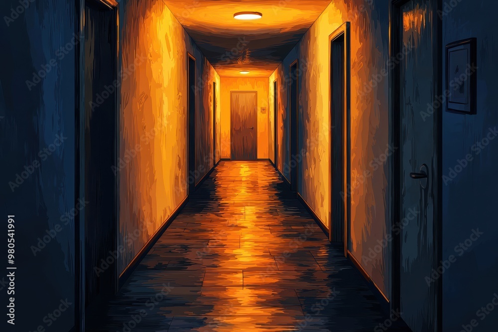 Mysterious and eerie orange lit hallway leading into the unknown Mysterious and eerie orange lit hallway leading into the unknown