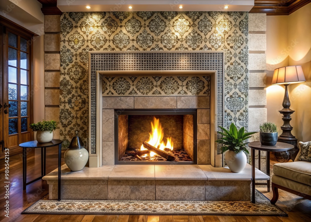 A sleek modern stone fireplace with ornate patterned tile surrounds, warm ambient lighting, and a crackling fire pit, evoking cozy winter ambiance. A sleek modern stone fireplace with ornate patterned tile surrounds, warm ambient lighting, and a crackling fire pit, evoking cozy winter ambiance.