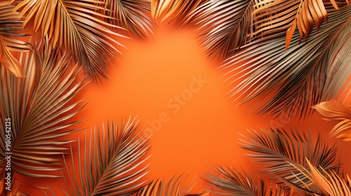 Collection of Orange Palm Leaves Tropical Background, Space for Text
