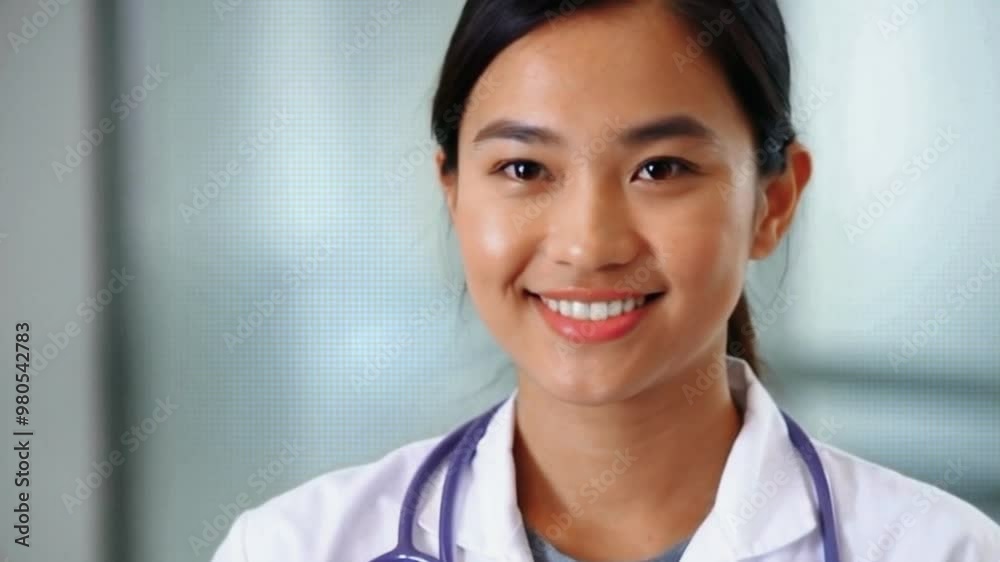 A young female doctor with a stethoscope around her neck smiles warmly at the camera. A young female doctor with a stethoscope around her neck smiles warmly at the camera.