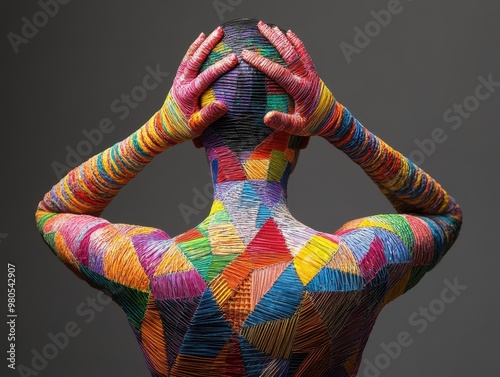 A colorful, abstract pattern covers the body of a person, showcasing vibrant geometric designs and artistic expression. photo