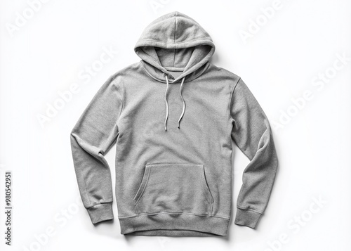 Neutral gray hoodie with long sleeves lies flat on a pure white isolated background, providing a sleek and modern canvas for design mockups and creative projects.