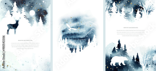 Set winter watercolor vector templates with isolated reindeer, bear, owl, trees, moon and place for text. Christmas magic illustration for print, poster, book, banner, card, flyer