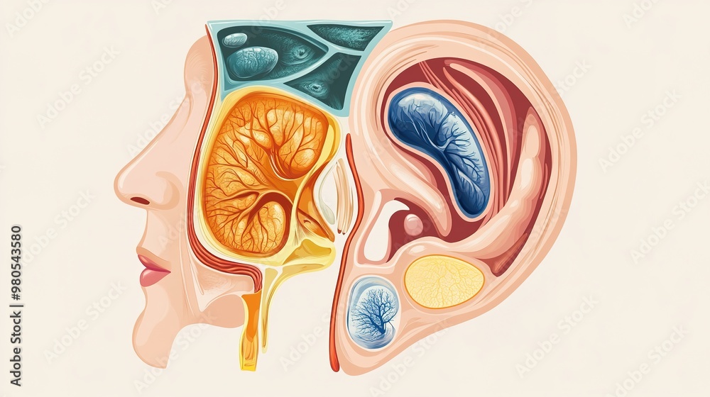 A detailed vector image of human ear anatomy, showcasing both the outer ...