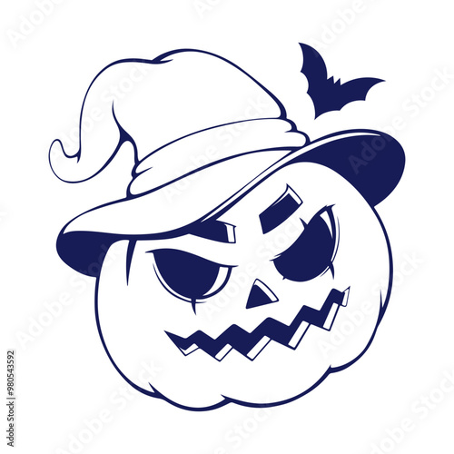 Coloring books with cute jack o lantern pumpkin monsters. Witch hat and bat. Happy Halloween. Outline Coloring Page. Holidays cartoon character. Hand drawn line art style