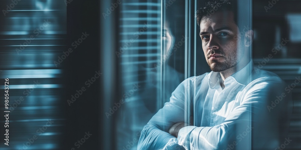 Fototapeta premium Contemplative Businessman in Blurred Office Environment