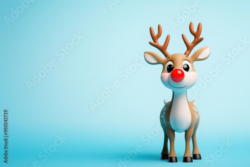 Cute reindeer with red nose on blue background