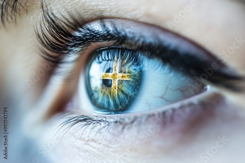 A woman's eye is reflected in a mirror with a cross in the center. holy cross