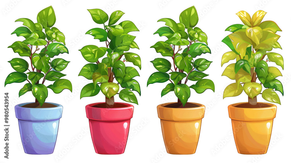 An illustration of four potted plants in different colored pots. The plants are all green and leafy, with some small white flowers. The pots are blue, red, orange, and yellow. An illustration of four potted plants in different colored pots. The plants are all green and leafy, with some small white flowers. The pots are blue, red, orange, and yellow.