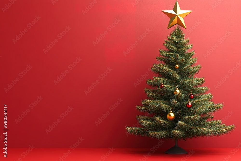 Minimalist Christmas tree with star on red background Minimalist Christmas tree with star on red background