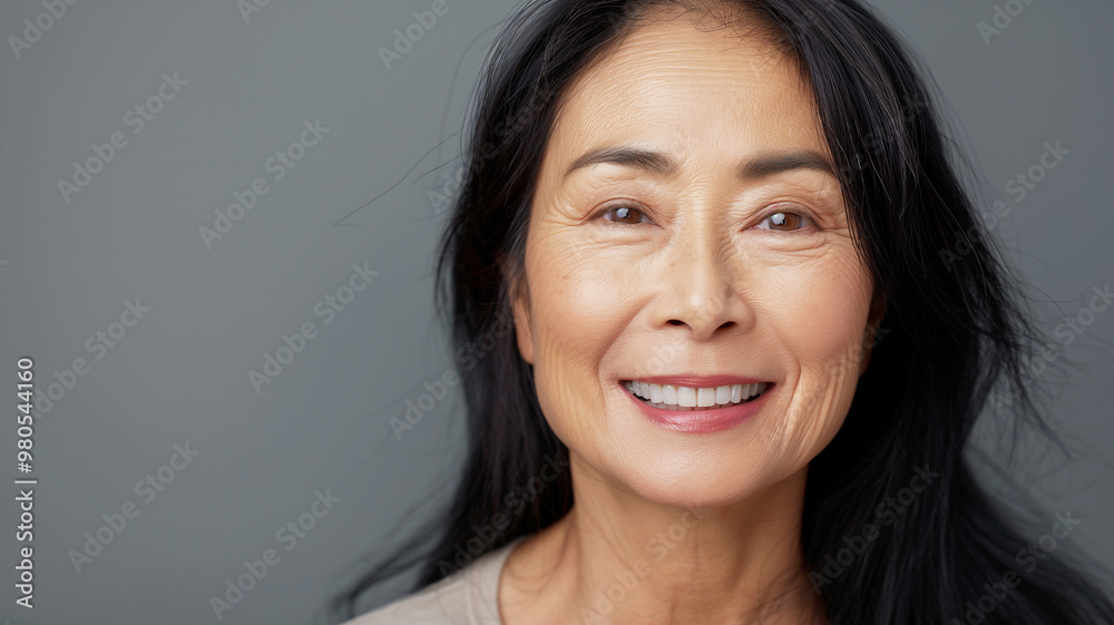 Beautiful smiling elderly asian woman, porter close-up on a gray background. Beautiful old age, golden years. A concept for a beauty salon, clinic. Beautiful smiling elderly asian woman, porter close-up on a gray background. Beautiful old age, golden years. A concept for a beauty salon, clinic.