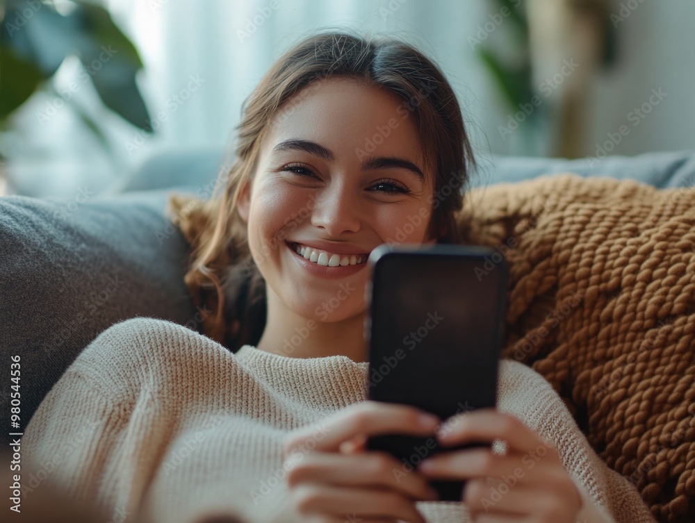 Happy Woman Using Phone at Home Happy Woman Using Phone at Home