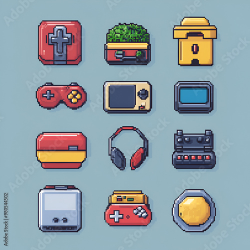Retro Gaming Pixel Art Icons and Buttons Collection