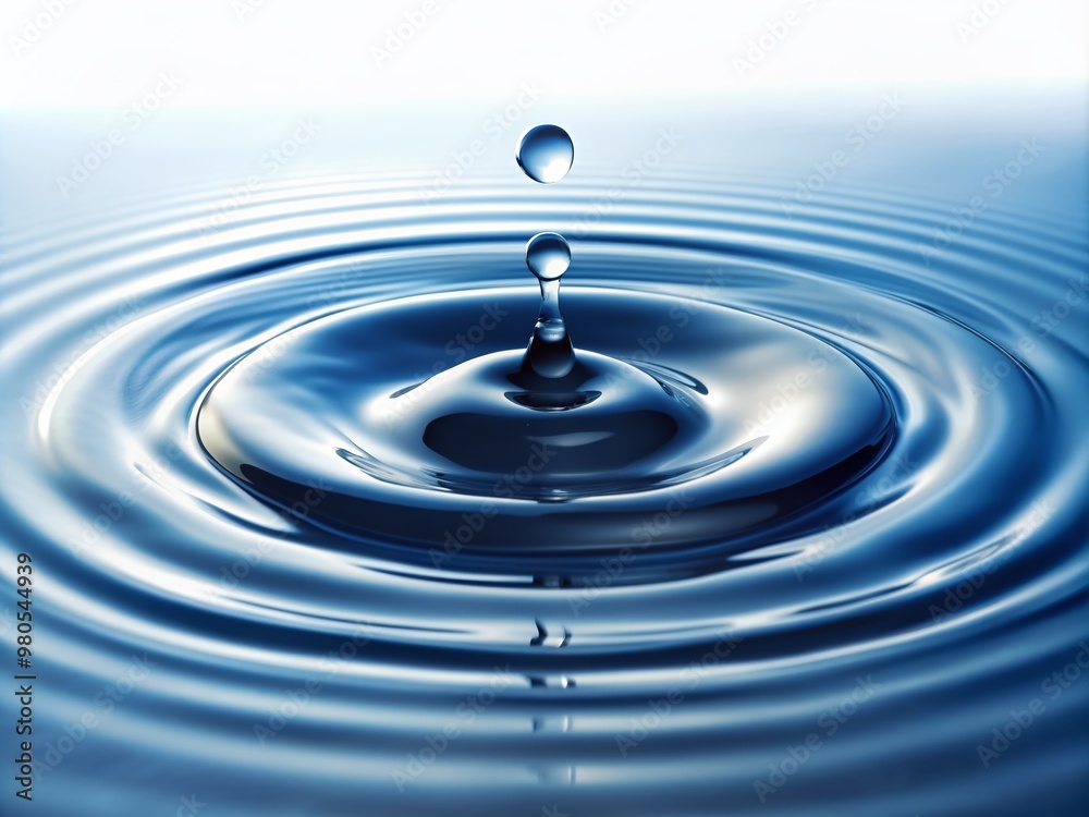 A single drop of water falls from above, creating a perfect circular ripple pattern on the calm water surface against a pure white background. A single drop of water falls from above, creating a perfect circular ripple pattern on the calm water surface against a pure white background.
