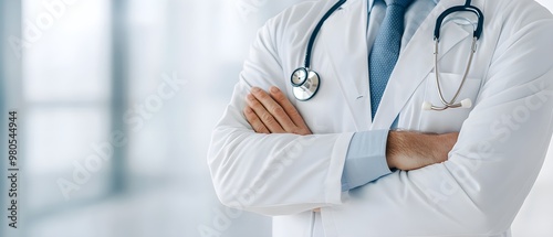 Healthcare leader in white coat, arms crossed with stethoscope, symbolizing trust in medicine, confident doctor