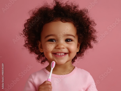 Happy Child with Toothbrush for Dental Care photo