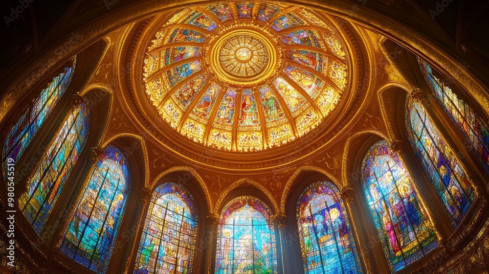 A medieval-style dome with intricate stained-glass windows in a circular configuration, depicting stories of ancient legends, bathed in golden sunlight A medieval-style dome with intricate stained-glass windows in a circular configuration, depicting stories of ancient legends, bathed in golden sunlight