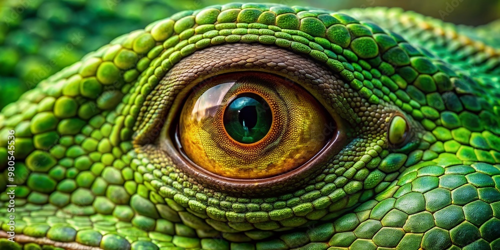 Fototapeta premium Vibrant green reptile eye with vertical pupil stares intensely, its scaly eyelid and surrounding texture displayed in sharp, mesmerizing close-up detail.