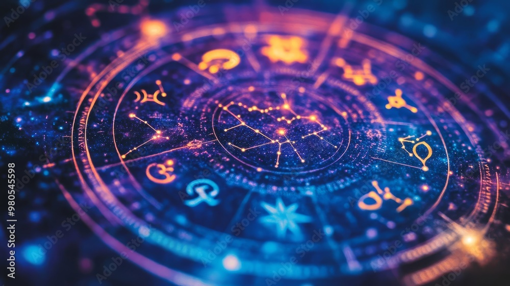 Cosmic representation of zodiac signs as ancient symbols on a mystical star map Cosmic representation of zodiac signs as ancient symbols on a mystical star map