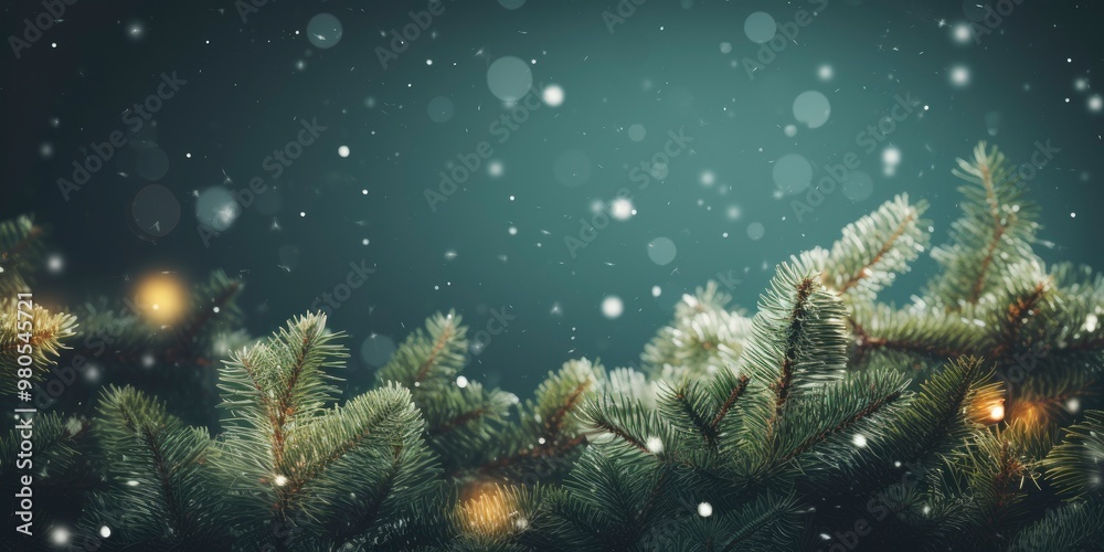 green pine tree branches with snow falling on glowing bokeh dark green background. decoration concept, christmas day, 25 december, 2024 green pine tree branches with snow falling on glowing bokeh dark green background. decoration concept, christmas day, 25 december, 2024