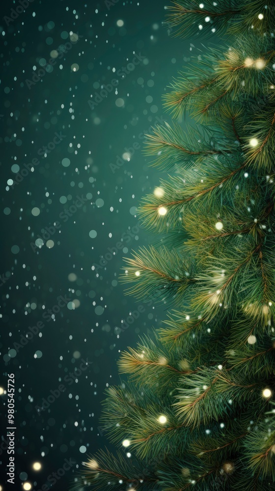 green pine tree branches with snow falling on glowing bokeh dark green background. decoration concept, christmas day, 25 december, 2024 green pine tree branches with snow falling on glowing bokeh dark green background. decoration concept, christmas day, 25 december, 2024