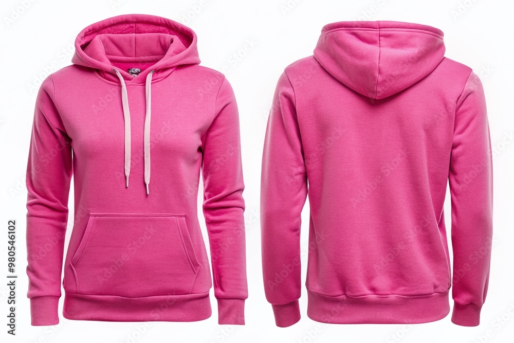 Vibrant pink hoodie with soft fabric and ribbed cuffs displayed in front and back views on a clean white background, highlighting its features. Vibrant pink hoodie with soft fabric and ribbed cuffs displayed in front and back views on a clean white background, highlighting its features.