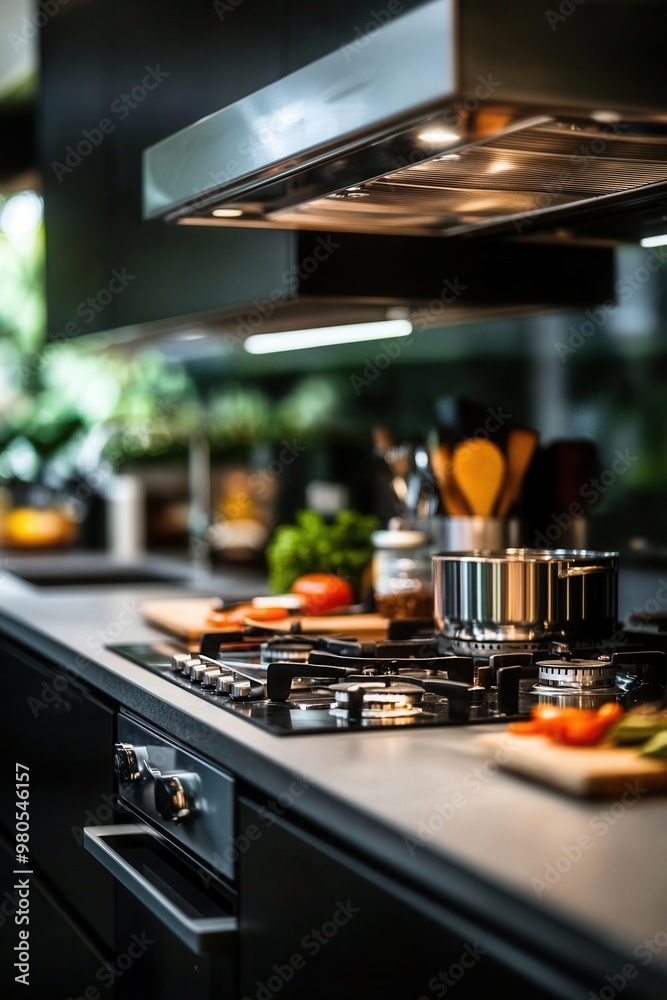 Elegant kitchen with sleek countertops and minimal utensils, wid eangle, bright lighting Elegant kitchen with sleek countertops and minimal utensils, wid eangle, bright lighting