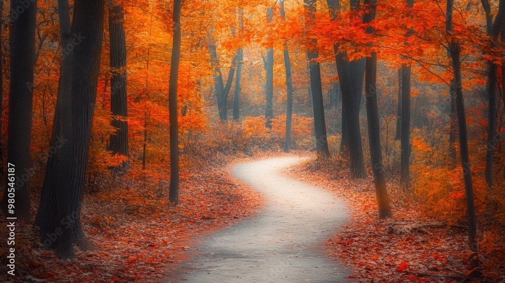 A serene walking path meanders through an enchanting forest, where the vibrant hues of orange and red leaves create a stunning autumn display against the backdrop of tall trees. A serene walking path meanders through an enchanting forest, where the vibrant hues of orange and red leaves create a stunning autumn display against the backdrop of tall trees.