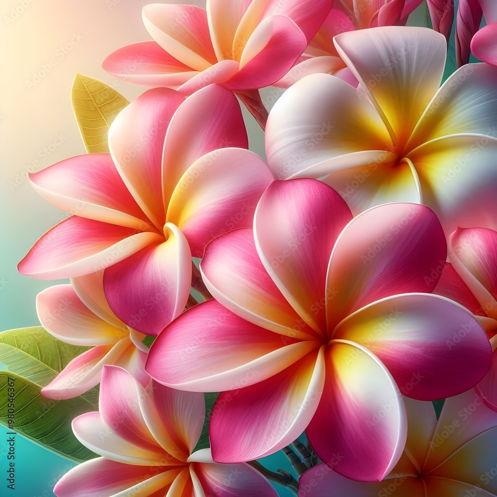 Pink white plumeria frangipani flowers isolated on pastel colors background. Pink white plumeria frangipani flowers isolated on pastel colors background.