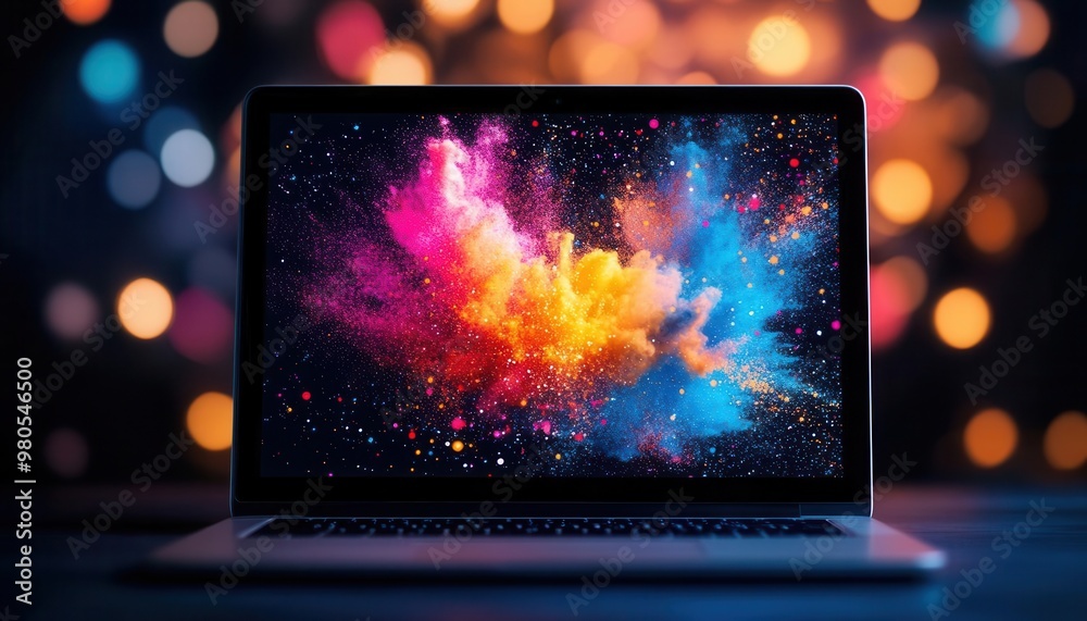 Laptop screen displaying a creative design, surrounded by colorful abstract shapes, digital creativity, business and technology,