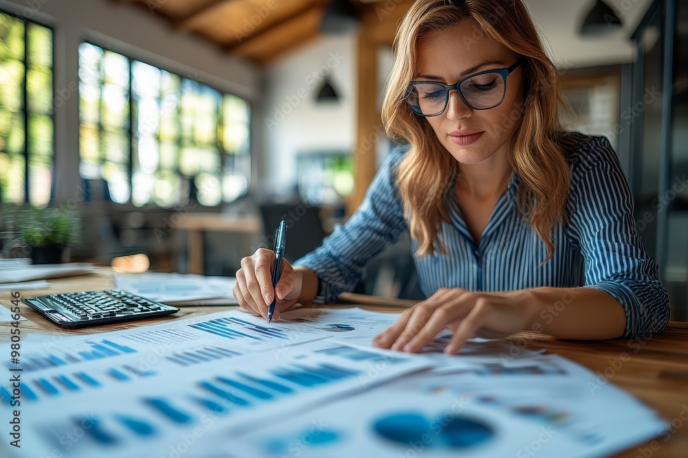 Fototapeta premium Businesswoman Analyzing Charts and Graphs