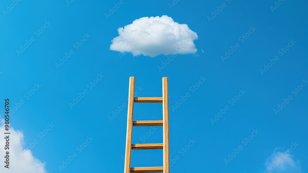Tall wooden ladder reaching up toward a single fluffy white cloud in a bright blue sky, symbolizing ambition, goals, and aspirations Tall wooden ladder reaching up toward a single fluffy white cloud in a bright blue sky, symbolizing ambition, goals, and aspirations
