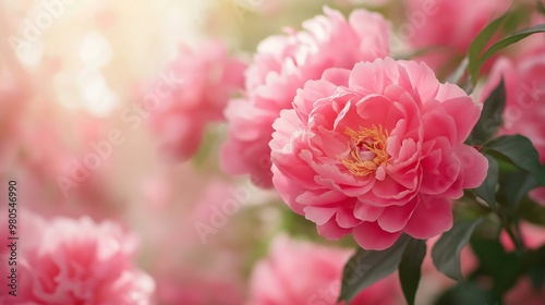 Beautiful Pink Peony Flower in Bloom with Soft Natural Background