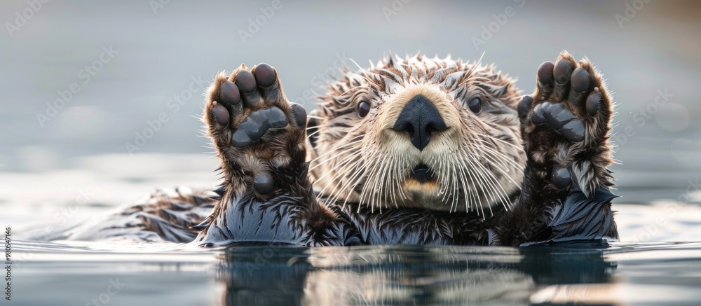portrait of a sea otter floating in open sea water portrait of a sea otter floating in open sea water