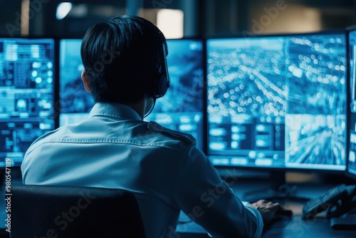 Security personnel monitoring surveillance footage, emphasizing advanced CCTV technology in a control room.