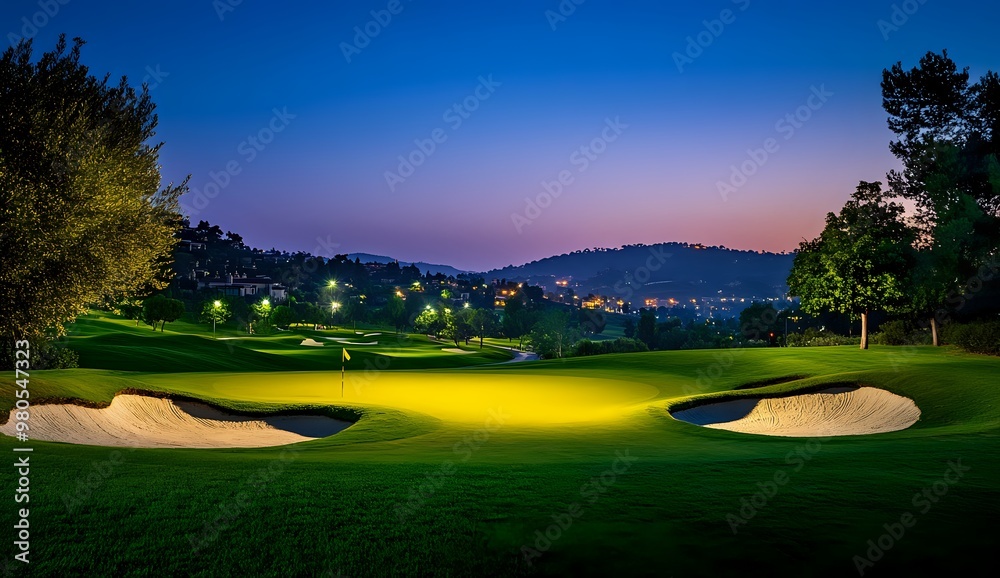 Fototapeta premium A golf course at dusk with a green fairway and a sand trap.